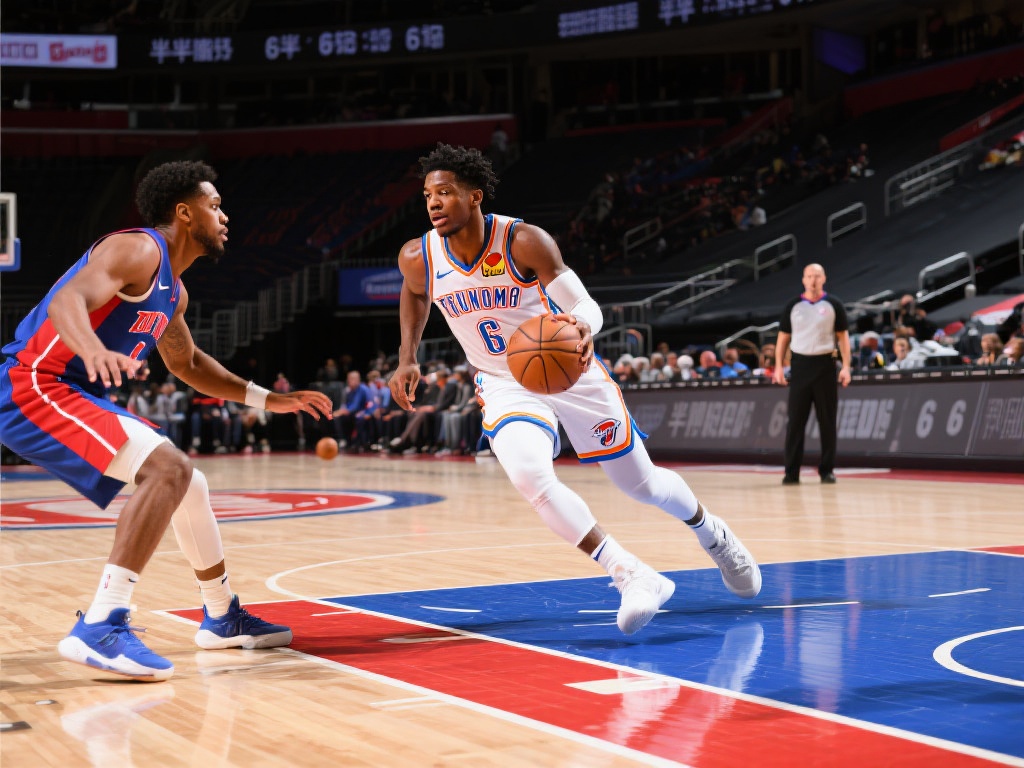 施罗德突破防守上篮得分,活塞半场仍以6分落后雷霆 尽管施罗德的精彩表现令人印象深刻,但比赛